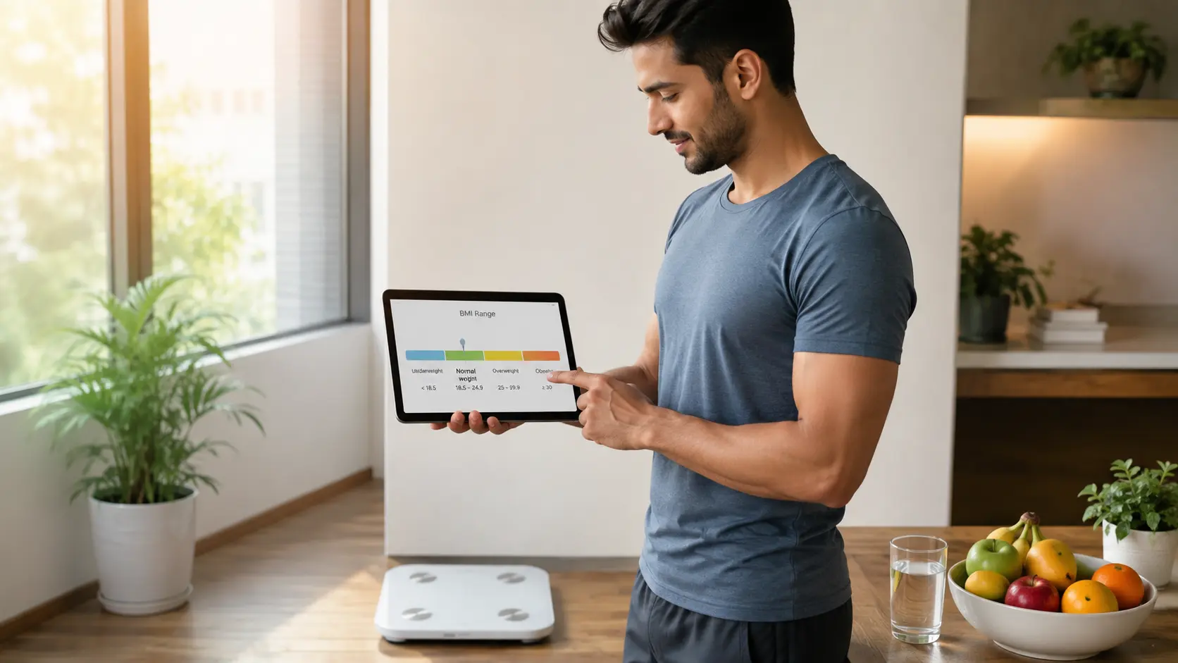Adult reviewing a healthy weight range on a tablet with a BMI Calculator