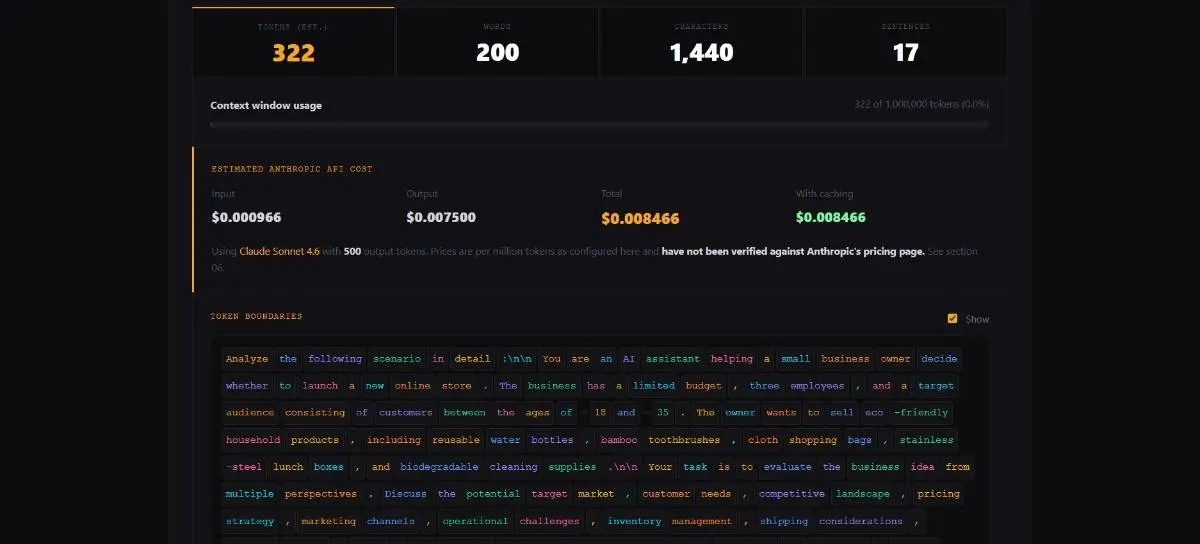 Claude token counter showing token count, context window usage and estimated Anthropic API cost