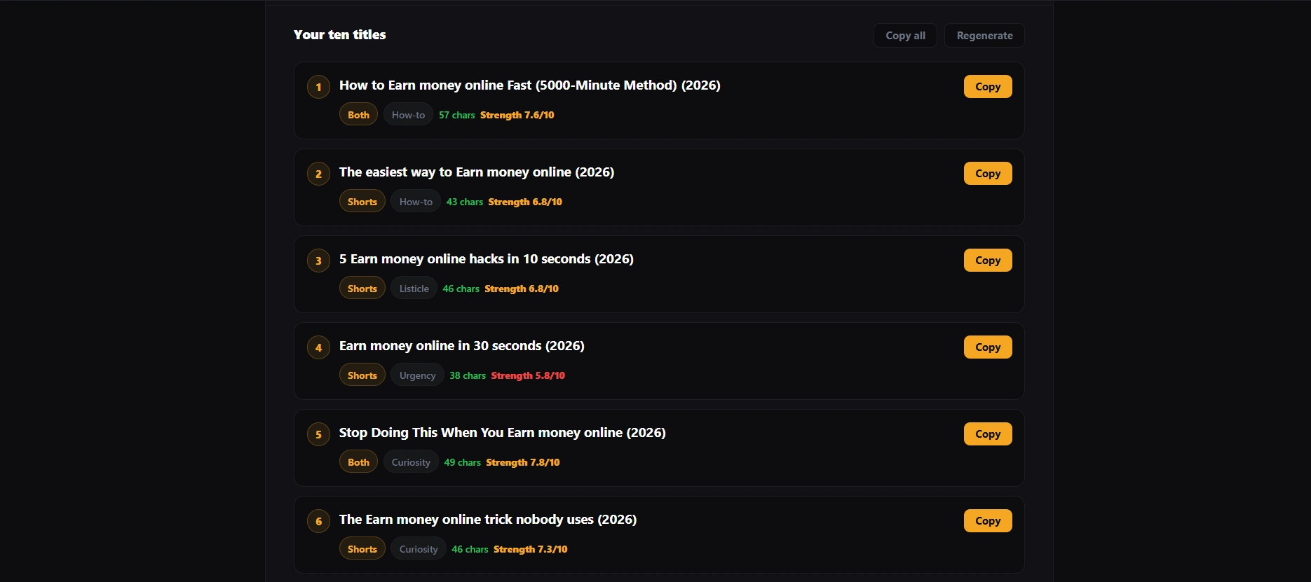 YouTube title generator showing ten generated video titles with character counts and strength scores