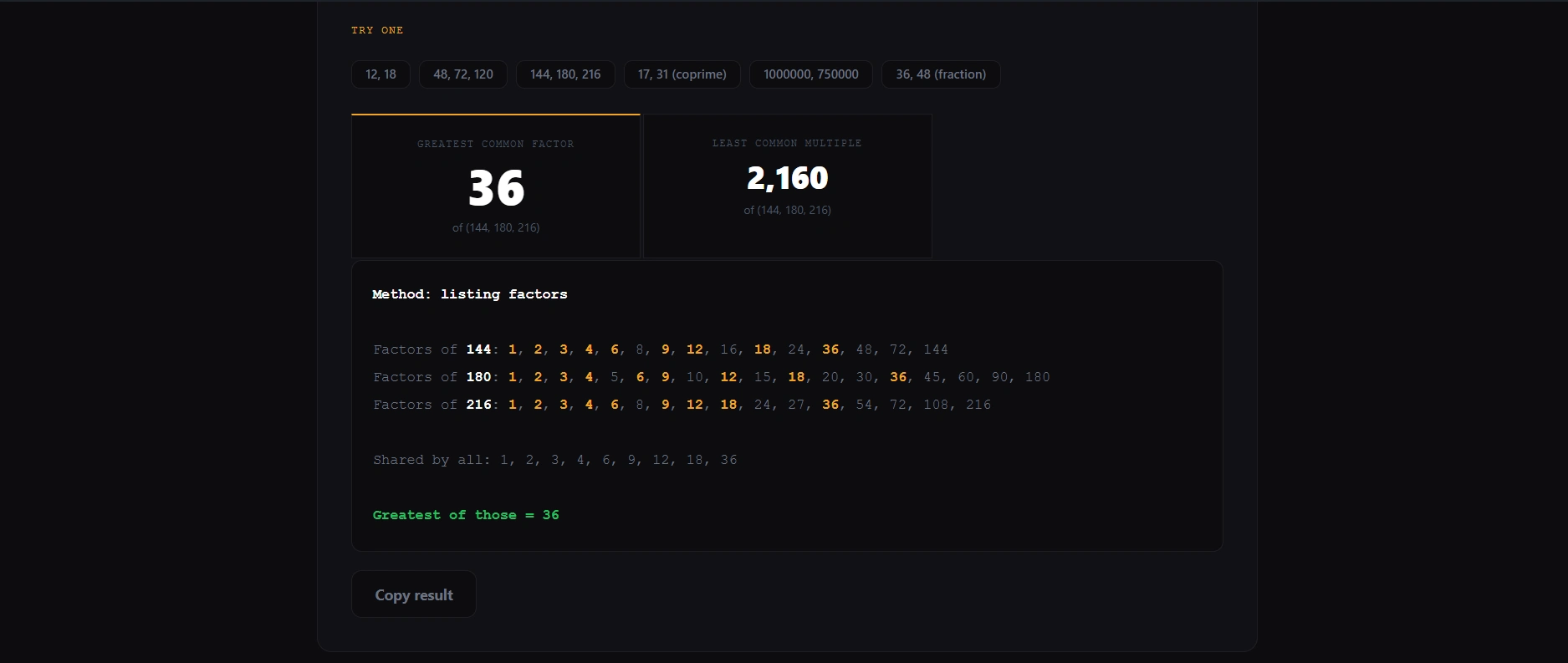 GCF calculator showing the greatest common factor of three numbers with step by step working