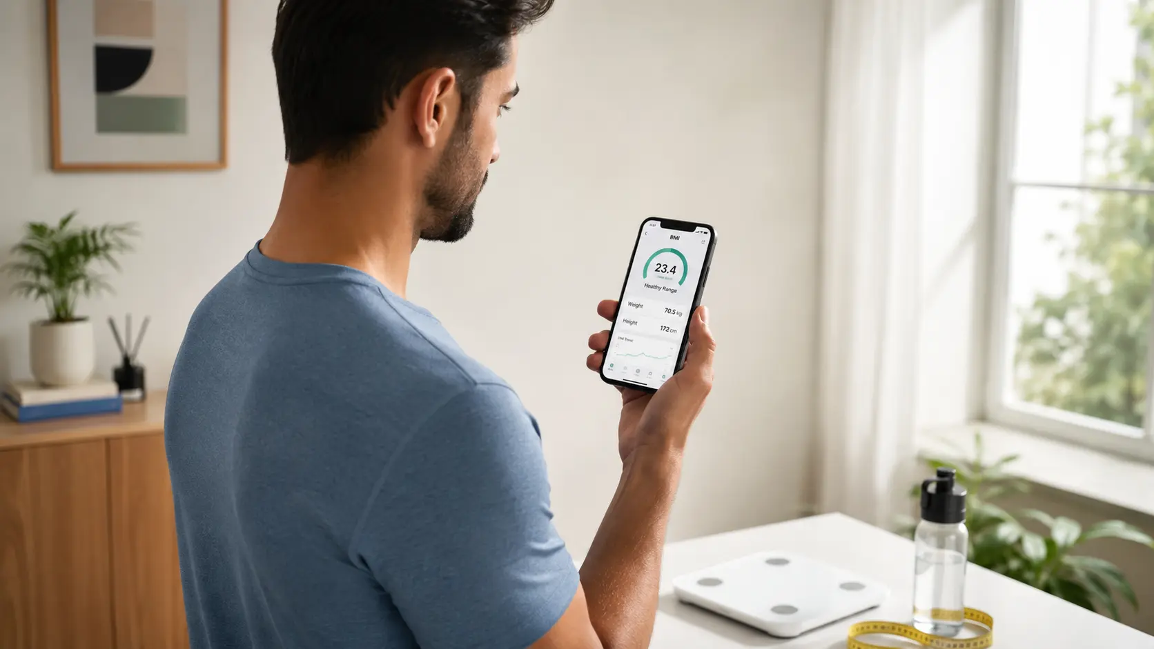 Person checking health measurements on a smartphone using a BMI Calculator