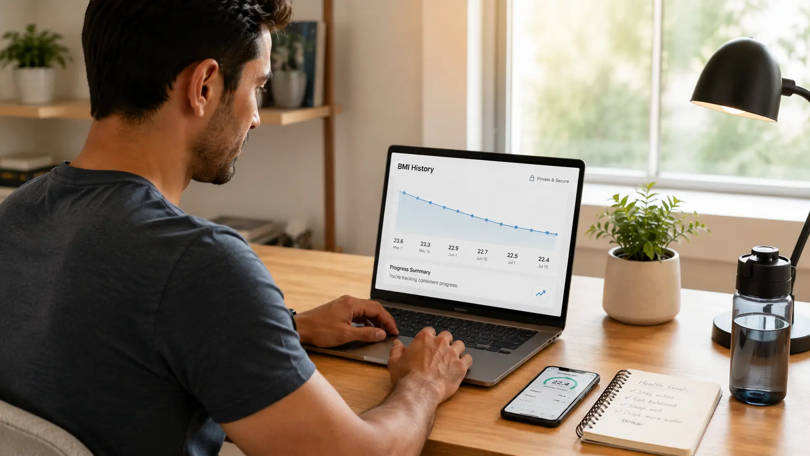 Person tracking BMI history and health progress with a BMI Calculator