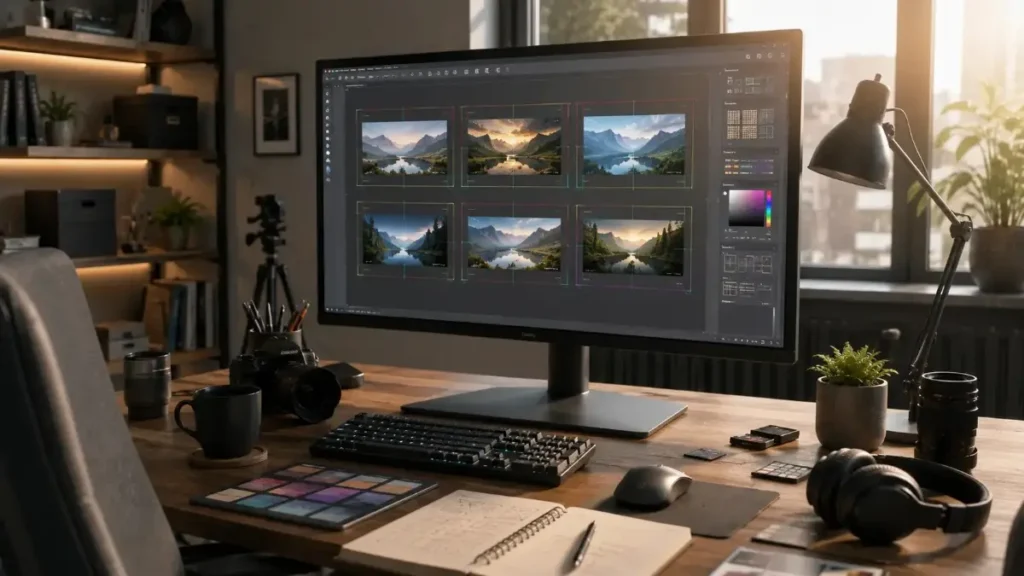 Creative workspace with multiple YouTube Thumbnail Size mockups displayed on a professional monitor during thumbnail design and optimization.