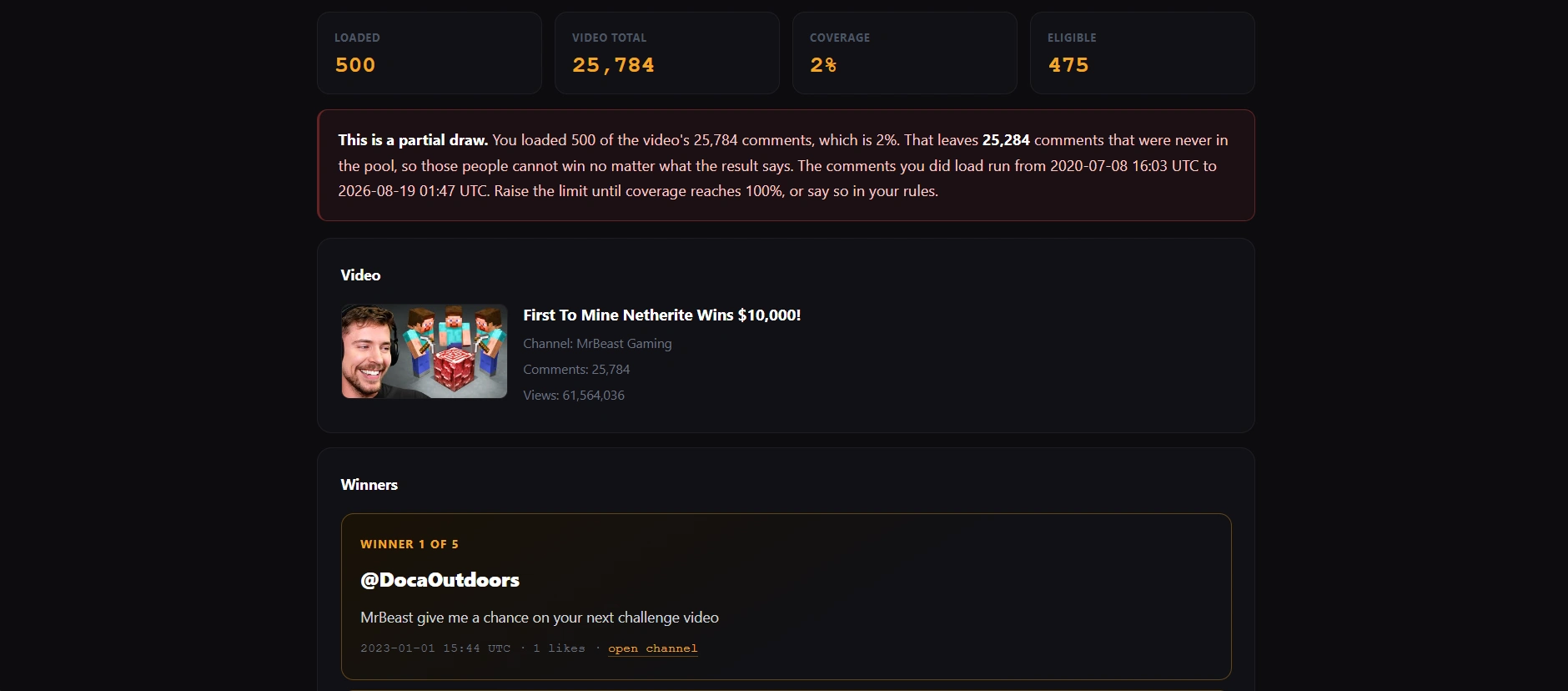 YouTube comment picker showing random giveaway winners with the draw seed and comment coverage percentage