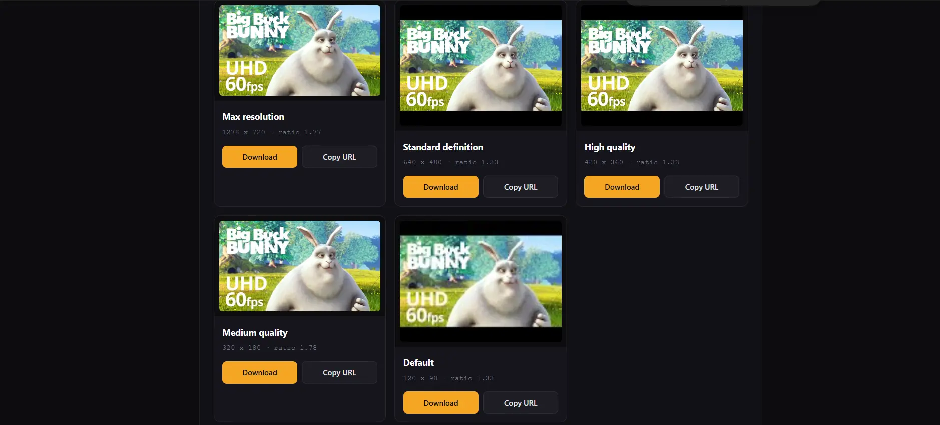YouTube thumbnail downloader showing every available HD thumbnail size for a video with download and copy URL buttons