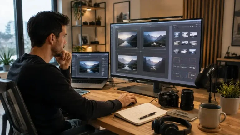 Content creator designing YouTube Thumbnail Size layouts on a professional monitor with thumbnail mockups and aspect ratio guides in a modern workspace.