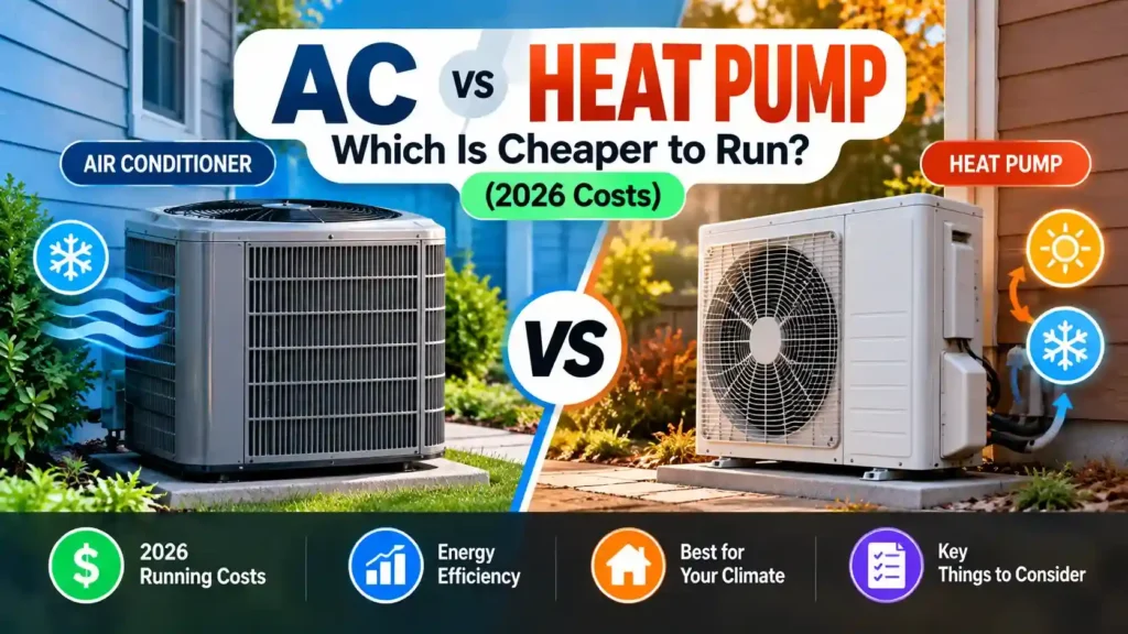 Outdoor air conditioner unit next to a heat pump unit, compared for which is cheaper to run