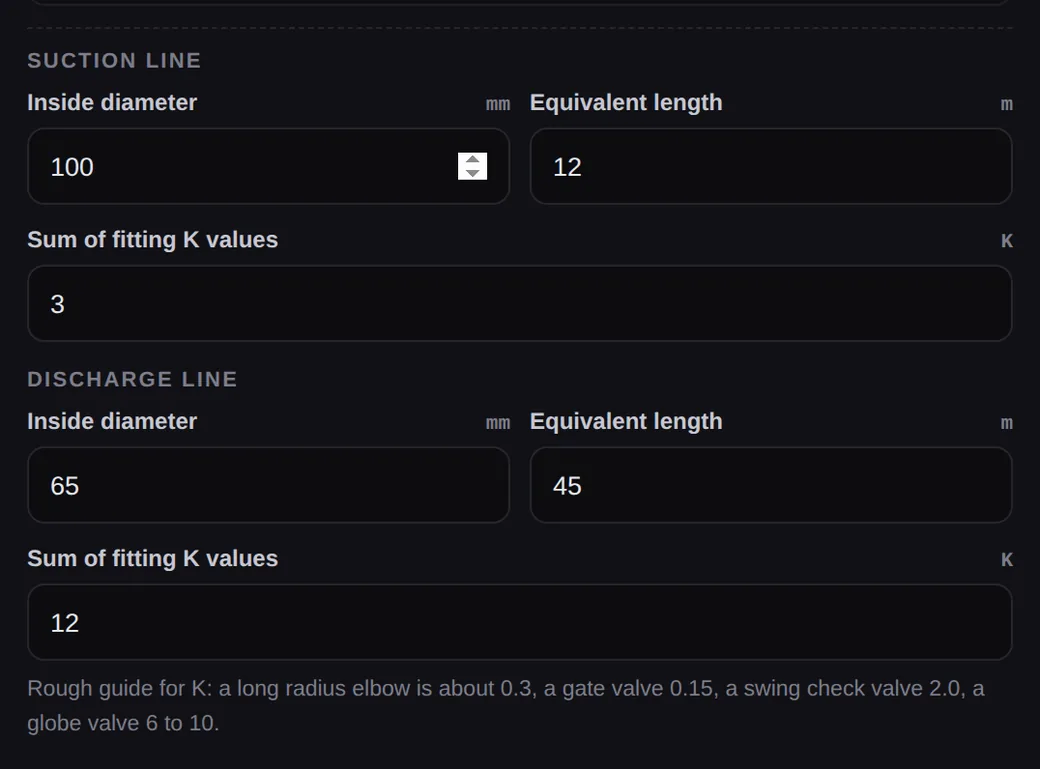 Pipe friction option with suction and discharge diameter, equivalent length and fitting K values feeding the head calculation