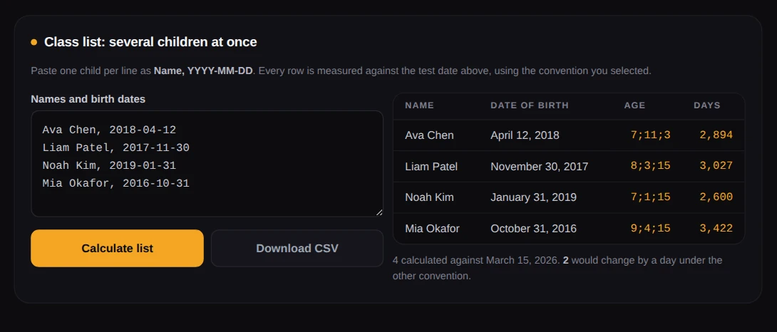 Class list mode calculating several children against a single test date