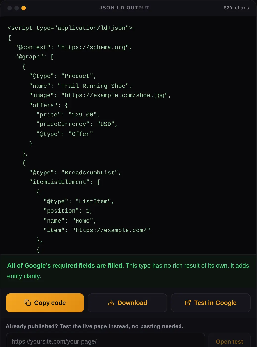 Combining Product and Breadcrumb schema into one @graph block with the JSON-LD generator