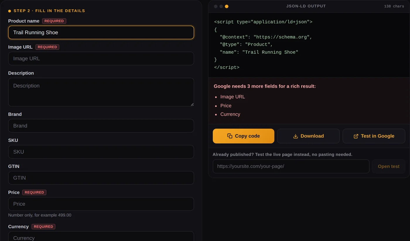 Required fields marked in the schema markup generator with live validation of missing Google properties