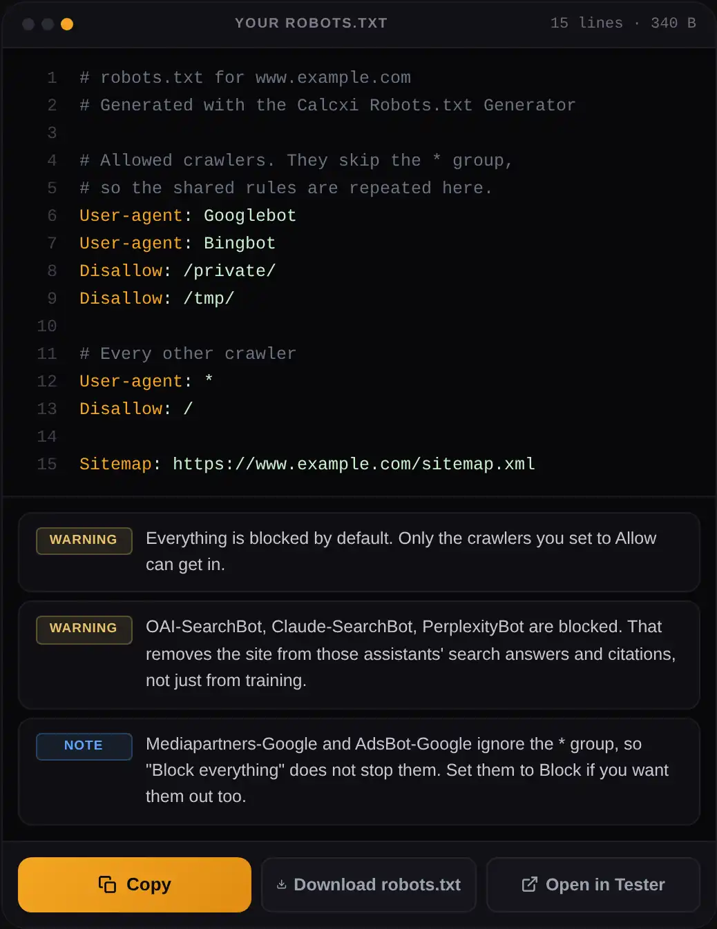 Generated robots.txt file with a Googlebot and Bingbot group that repeats the shared disallow rules