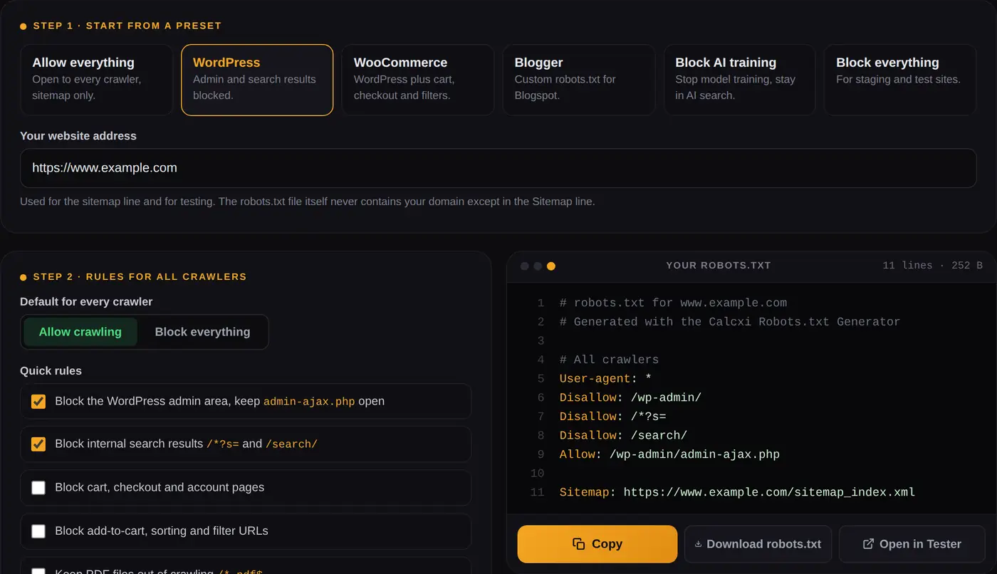 Robots.txt generator with presets for WordPress, WooCommerce and Blogger and rules for all crawlers