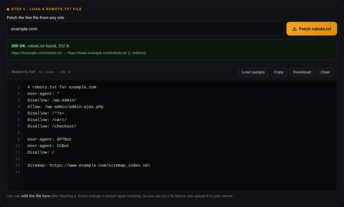 Check robots.txt of a live site with HTTP status, file size and redirect details