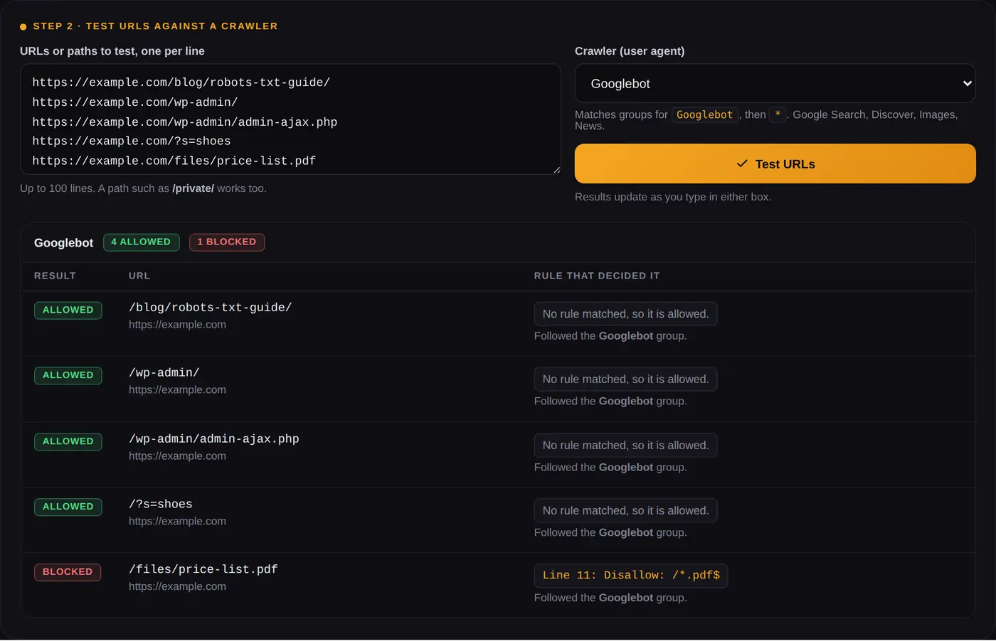 Robots.txt tester showing allowed and blocked URLs for Googlebot with the deciding rule for each
