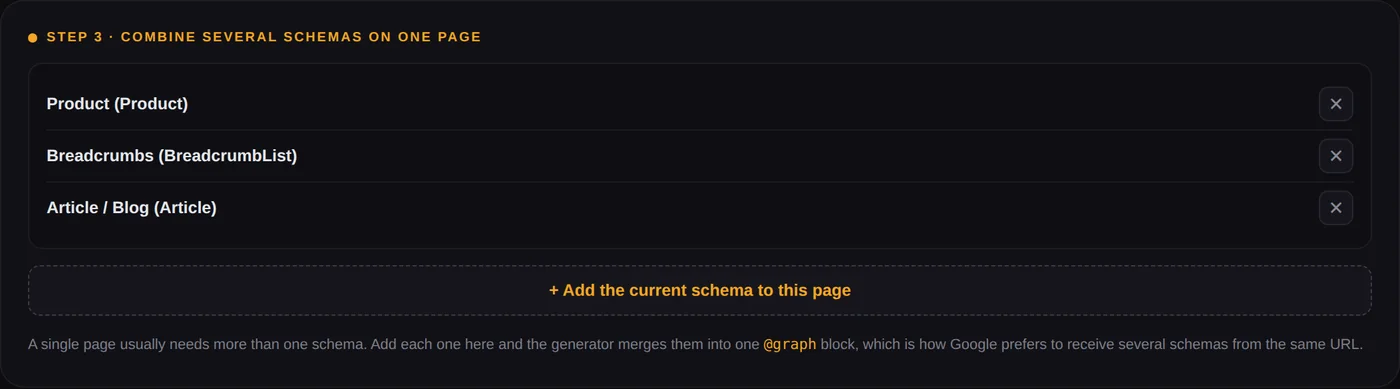 Adding Product, Breadcrumb and Article schema to one page stack in the schema markup generator
