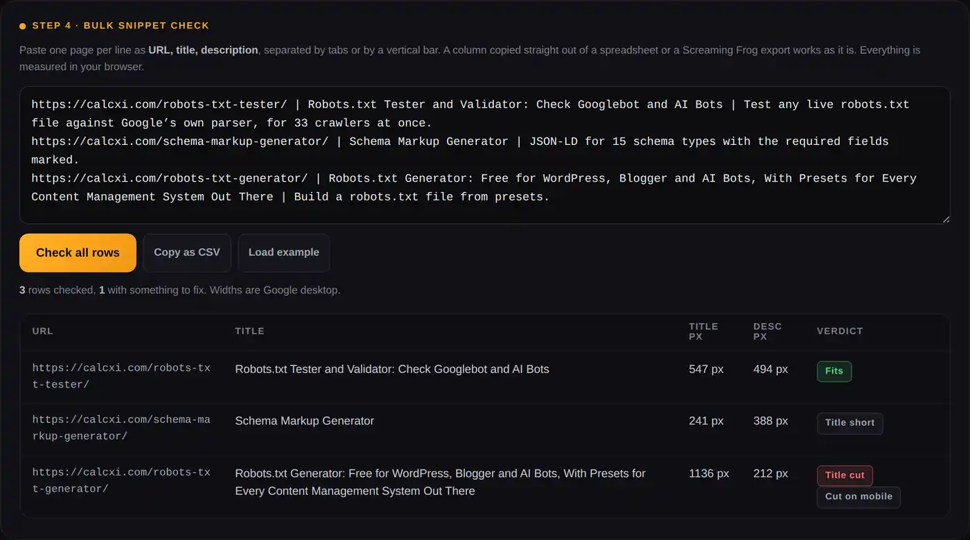 Bulk snippet check table listing several pages with title pixel width, description width and a verdict for each