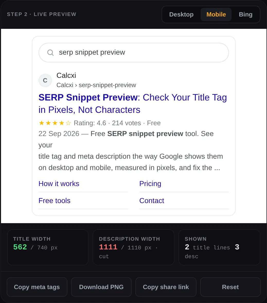 Mobile SERP preview with date, rating stars and a search box, showing the title wrapping onto two lines