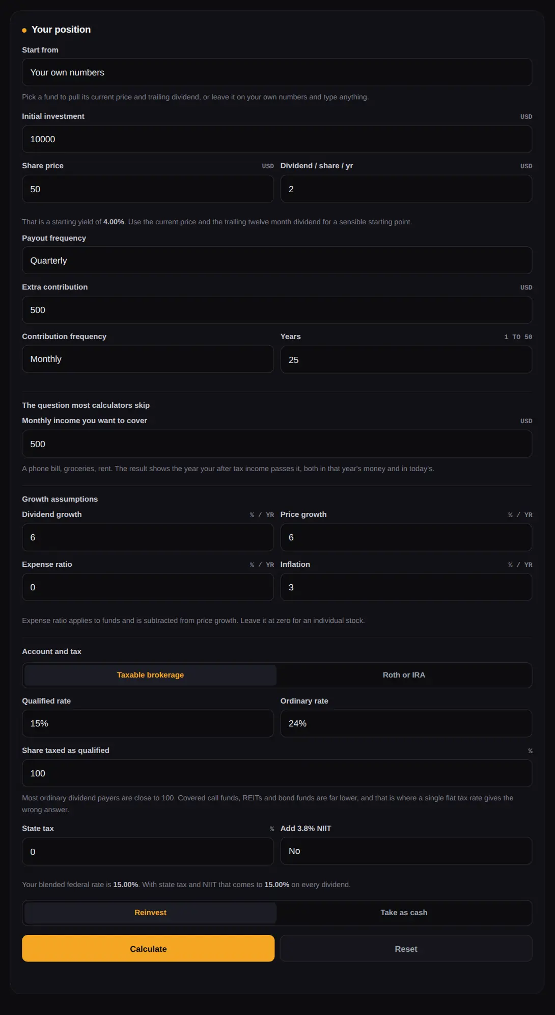Dividend calculator inputs showing share price, dividend per share, payout frequency, the monthly income target and the tax fields