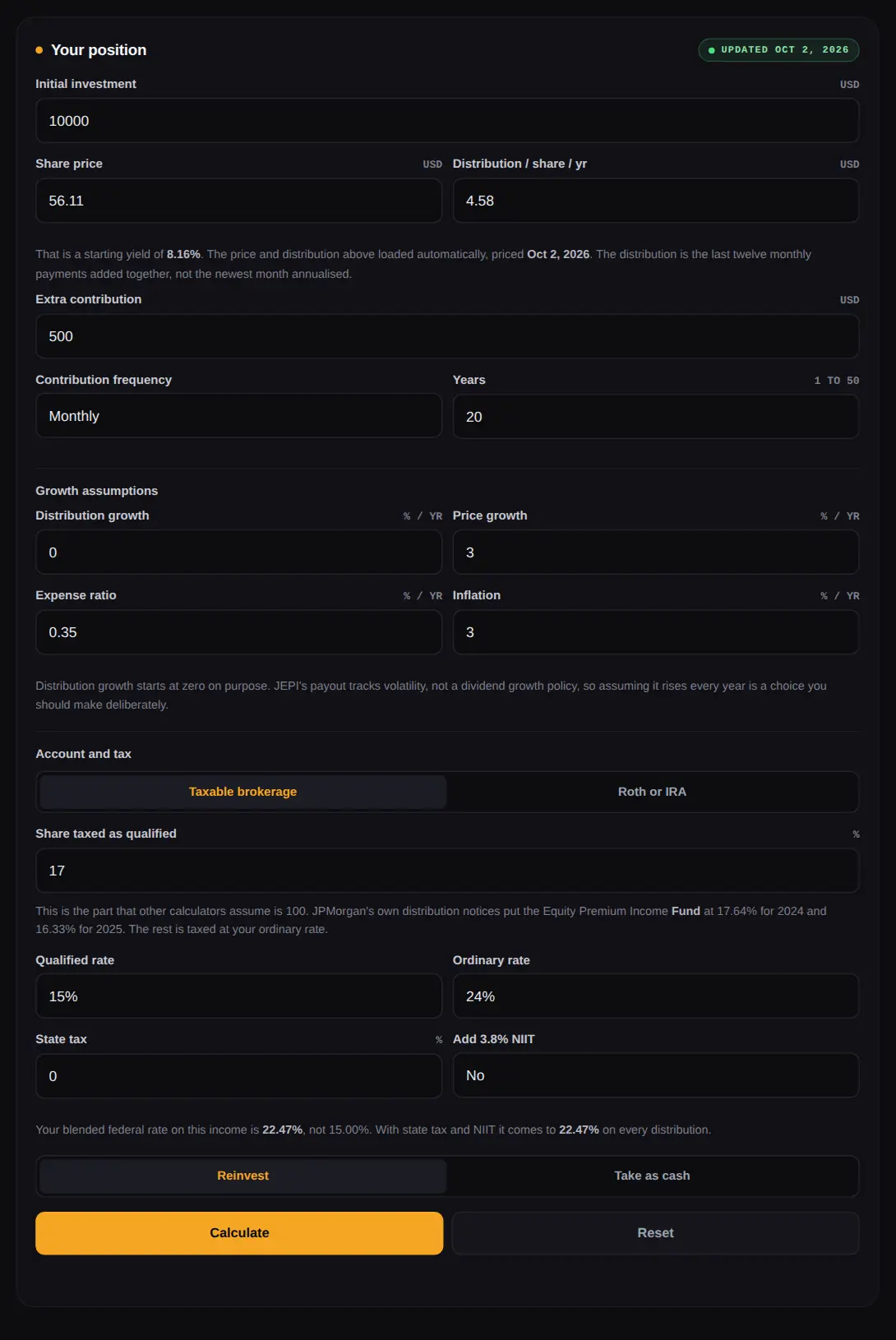 JEPI dividend calculator inputs showing investment, share price, growth assumptions and the qualified share tax field